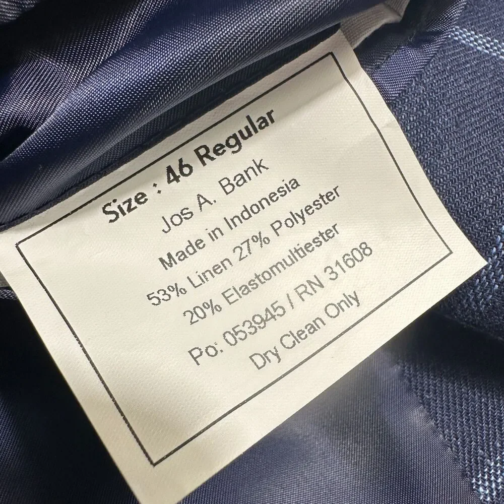 JOS A BANK Men Blazer Sport Coat 46R Navy Windowpane Plaid 2-Button Jacket Linen